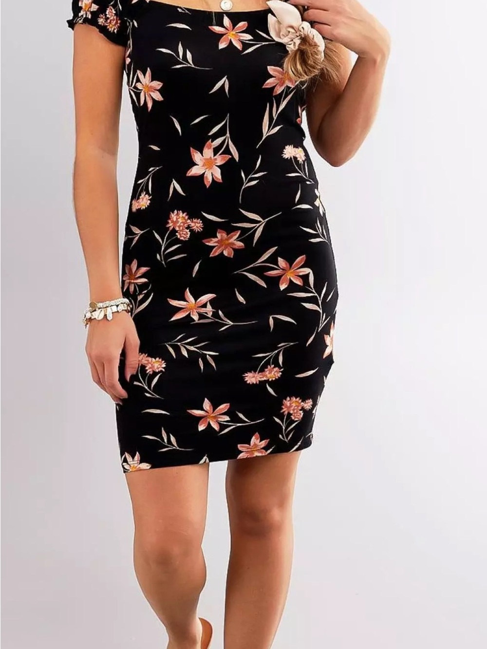 Billabong Black Mini Dress with Peach Floral Print